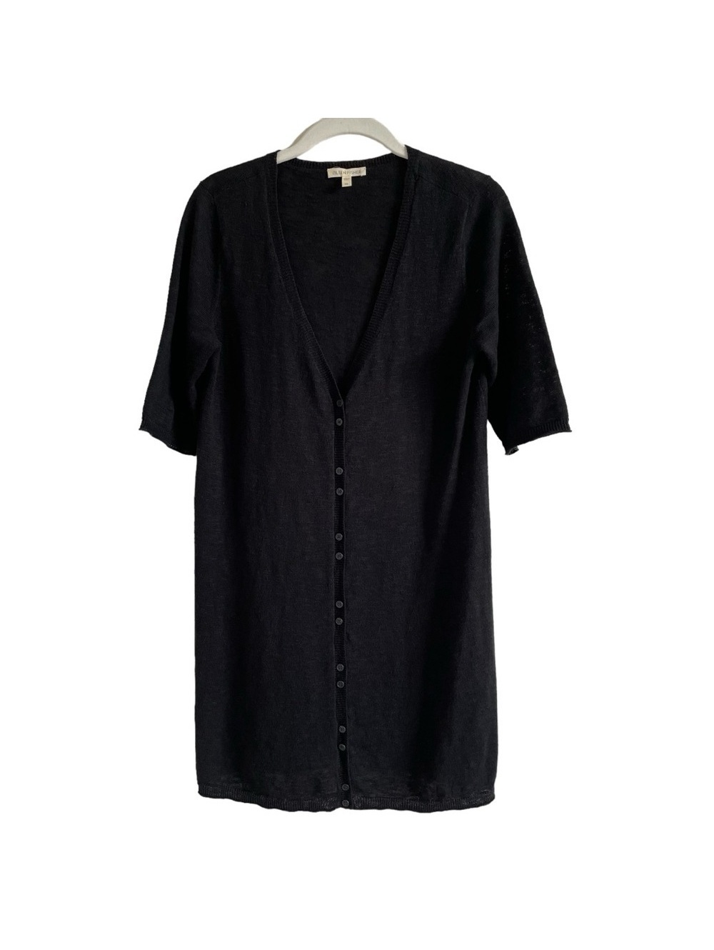 Eileen Fisher Linen Cotton Black Cardigan XS Tunic Coastal Minimalist Oversized